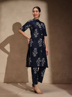 Blue Floral Cotton Blend Collar Neck A-Line Kurti Set Dress