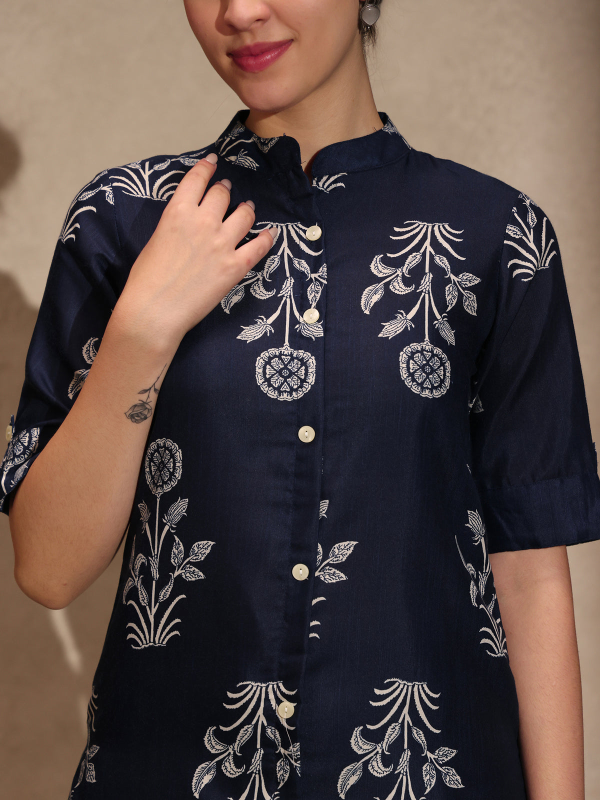 Blue Floral Cotton Blend Collar Neck A-Line Kurti Set Dress
