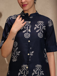 Blue Floral Cotton Blend Collar Neck A-Line Kurti Set Dress