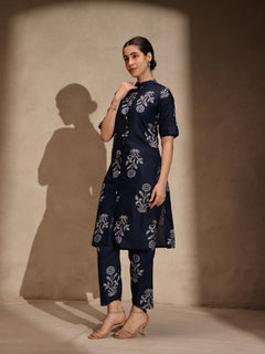 Blue Floral Cotton Blend Collar Neck A-Line Kurti Set Dress