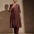 Brown Ajrakh Cotton Blend Anarkali 3 Piece Set