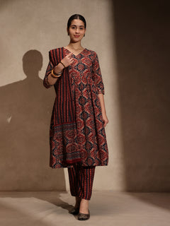 Brown Ajrakh Cotton Blend Anarkali 3 Piece Set