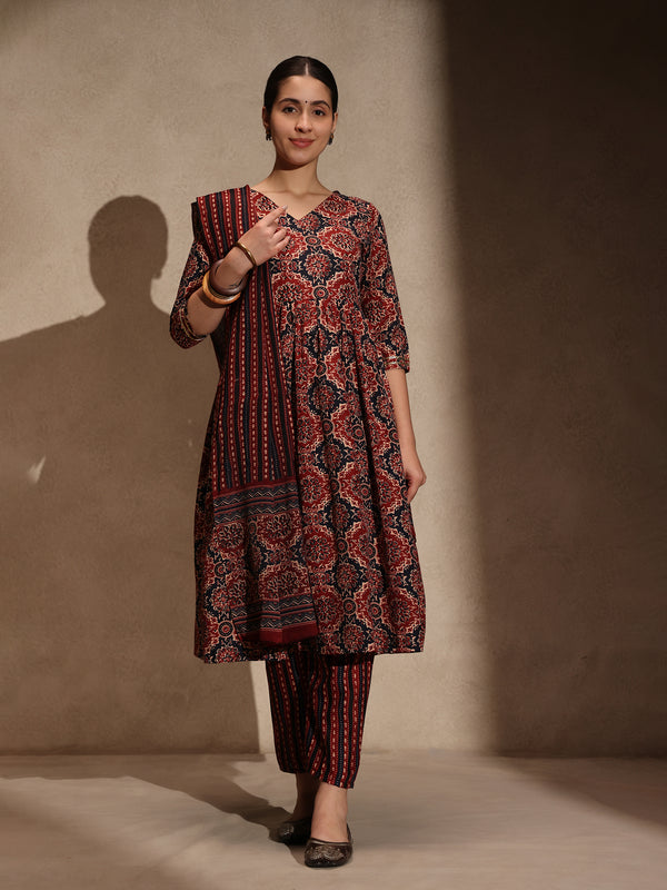 Brown Ajrakh Cotton Blend Anarkali 3 Piece Set