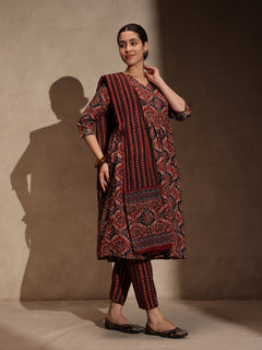 Brown Ajrakh Cotton Blend Anarkali 3 Piece Set