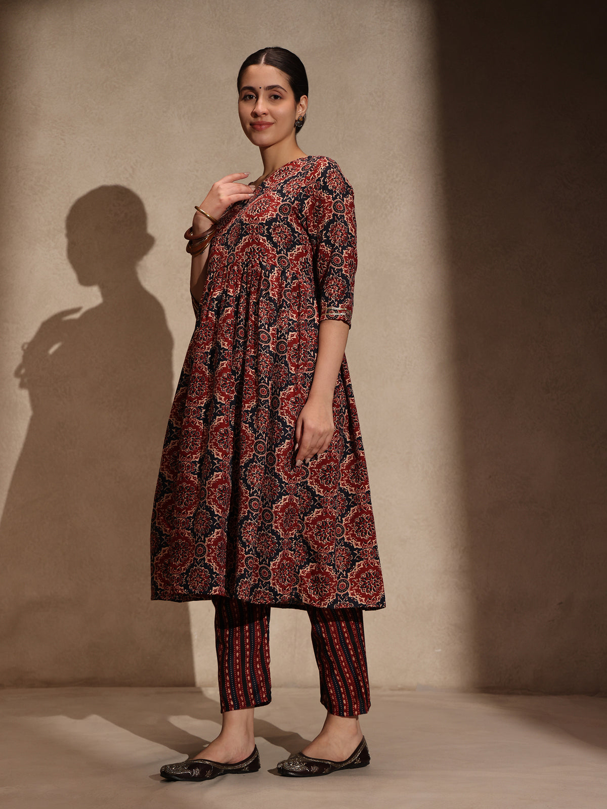 Brown Ajrakh Cotton Blend Anarkali 3 Piece Set