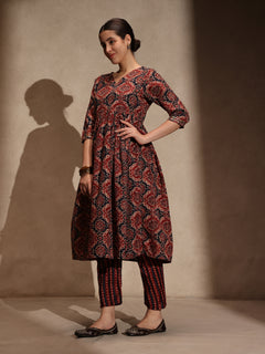 Brown Ajrakh Cotton Blend Anarkali 3 Piece Set