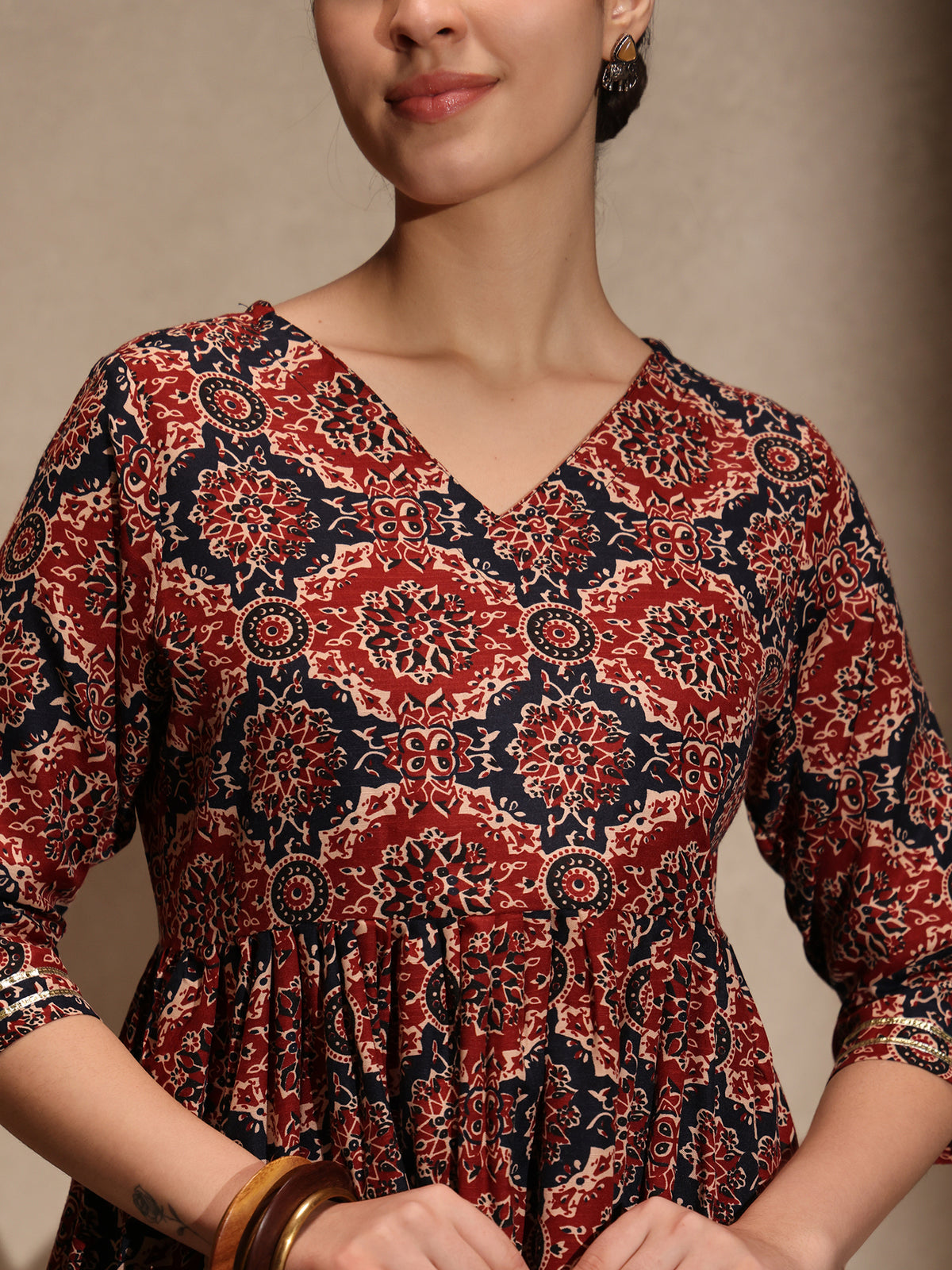 Brown Ajrakh Cotton Blend Anarkali 3 Piece Set