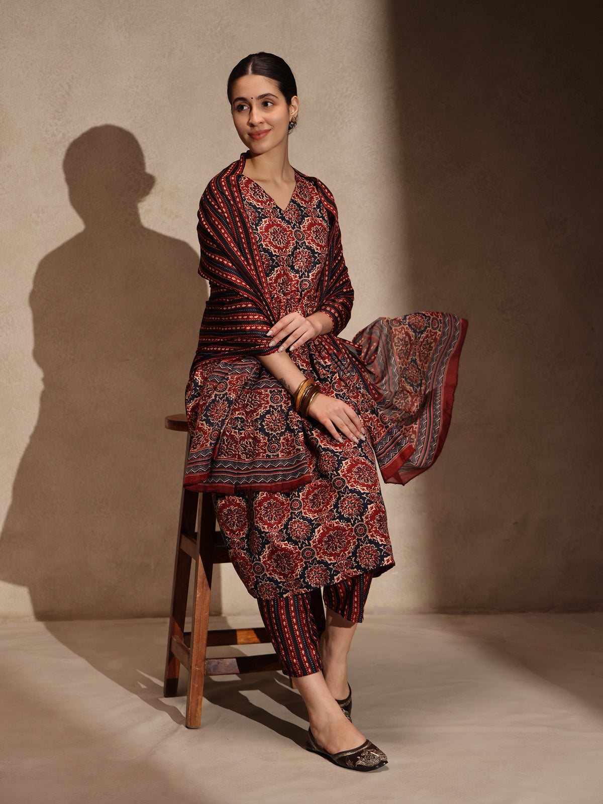 Brown Ajrakh Cotton Blend Anarkali 3 Piece Set