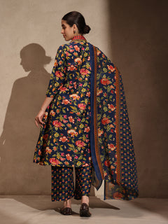 Blue Floral Anarkali 3 Piece Kurta Set for Women