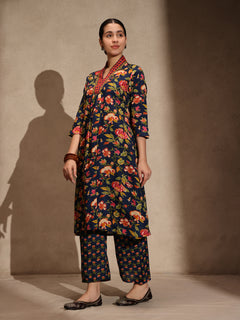 Blue Floral Anarkali 3 Piece Kurta Set for Women