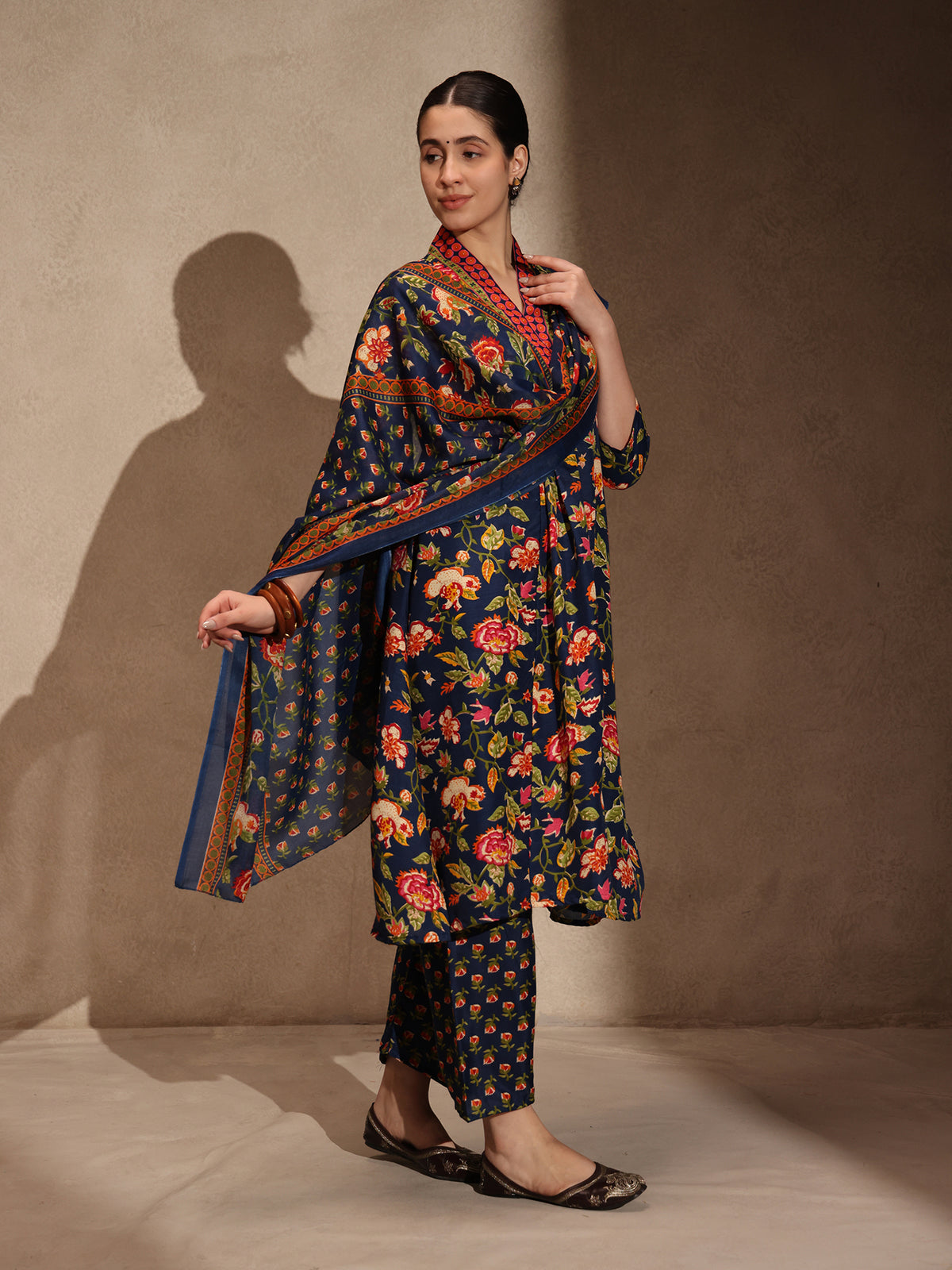 Blue Floral Anarkali 3 Piece Kurta Set for Women
