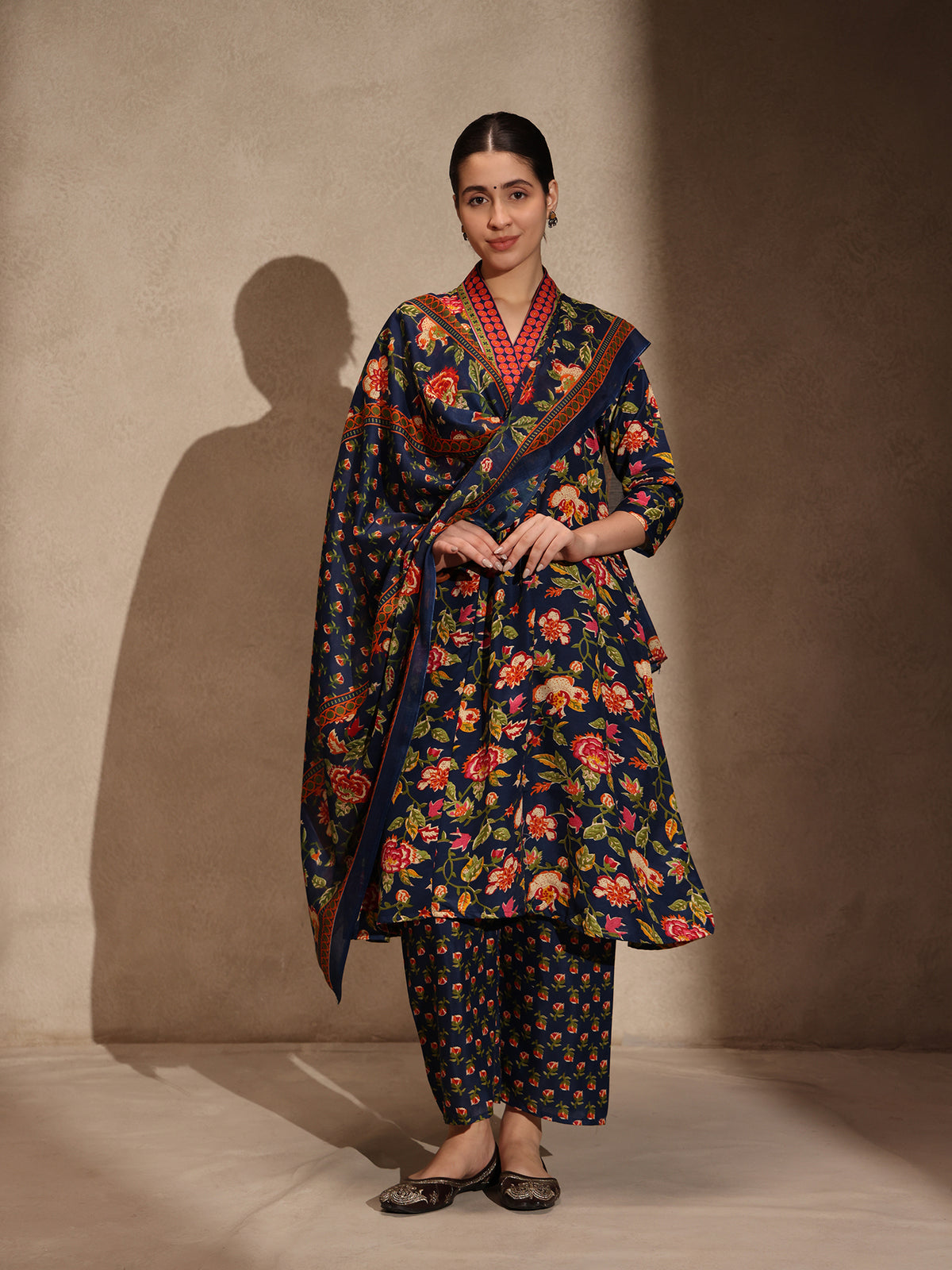 Blue Floral Anarkali 3 Piece Kurta Set for Women