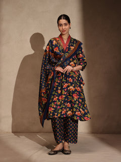 Blue Floral Anarkali 3 Piece Kurta Set for Women