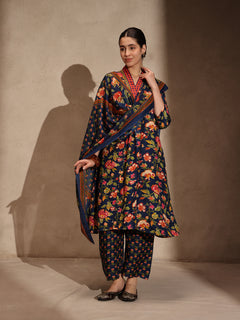 Blue Floral Anarkali 3 Piece Kurta Set for Women