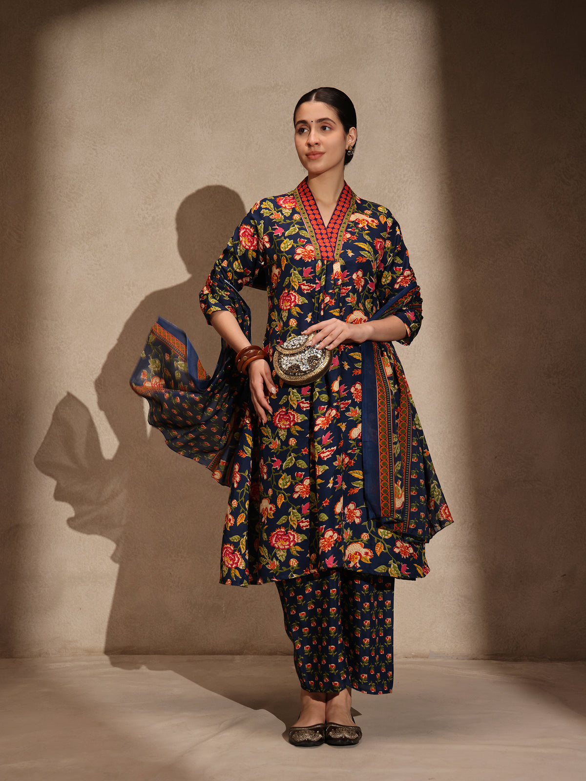 Blue Floral Anarkali 3 Piece Kurta Set for Women