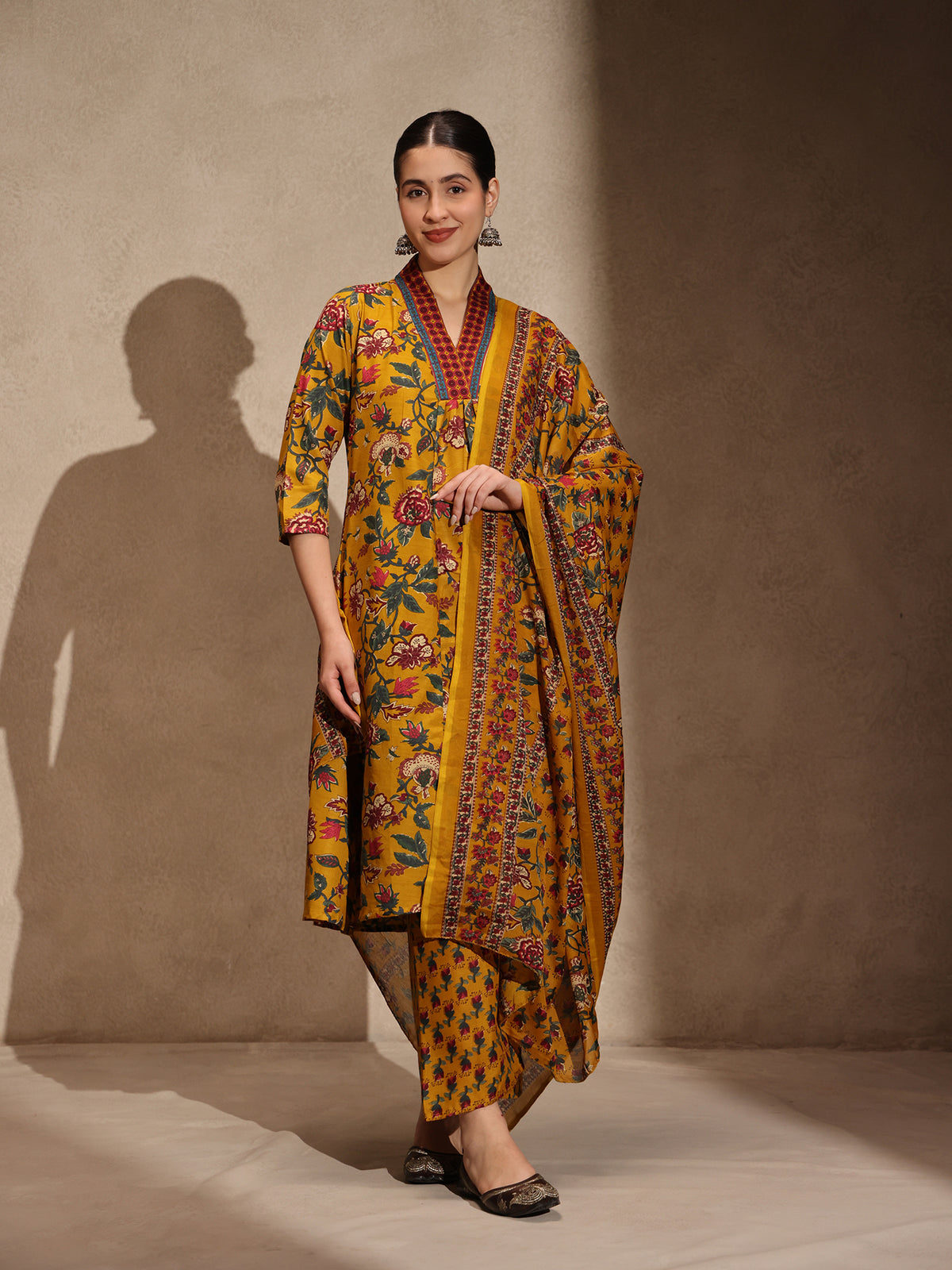 Yellow Floral Anarkali 3 Piece Set with Palazzo