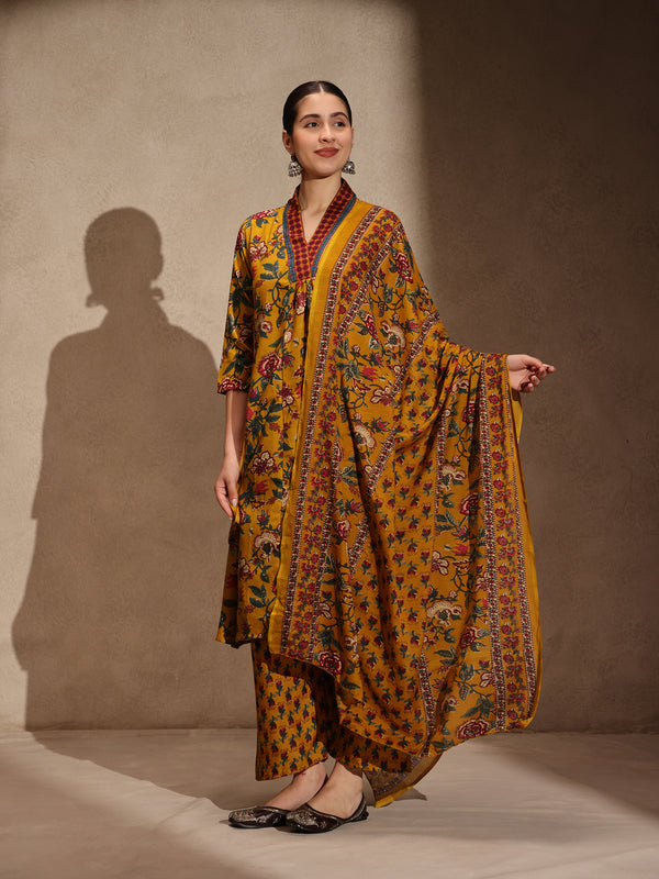 Yellow Floral Anarkali 3 Piece Set with Palazzo