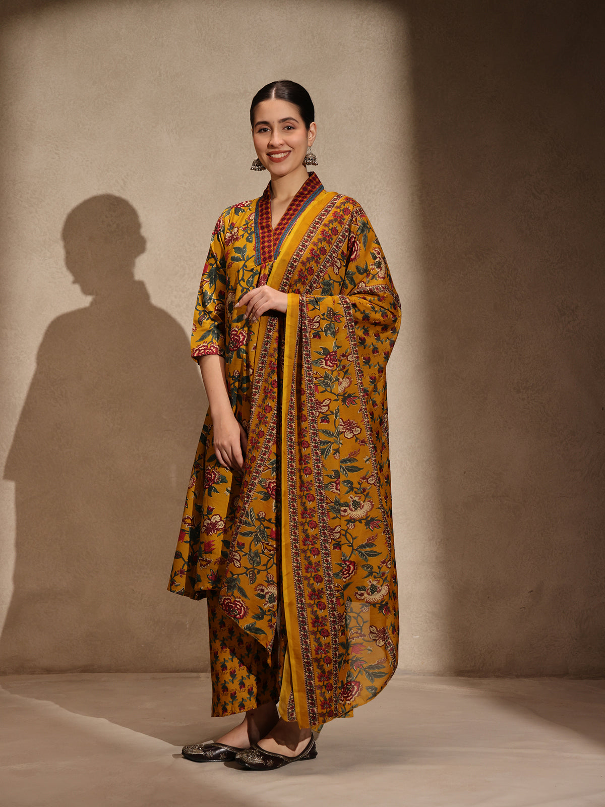 Yellow Floral Anarkali 3 Piece Set with Palazzo