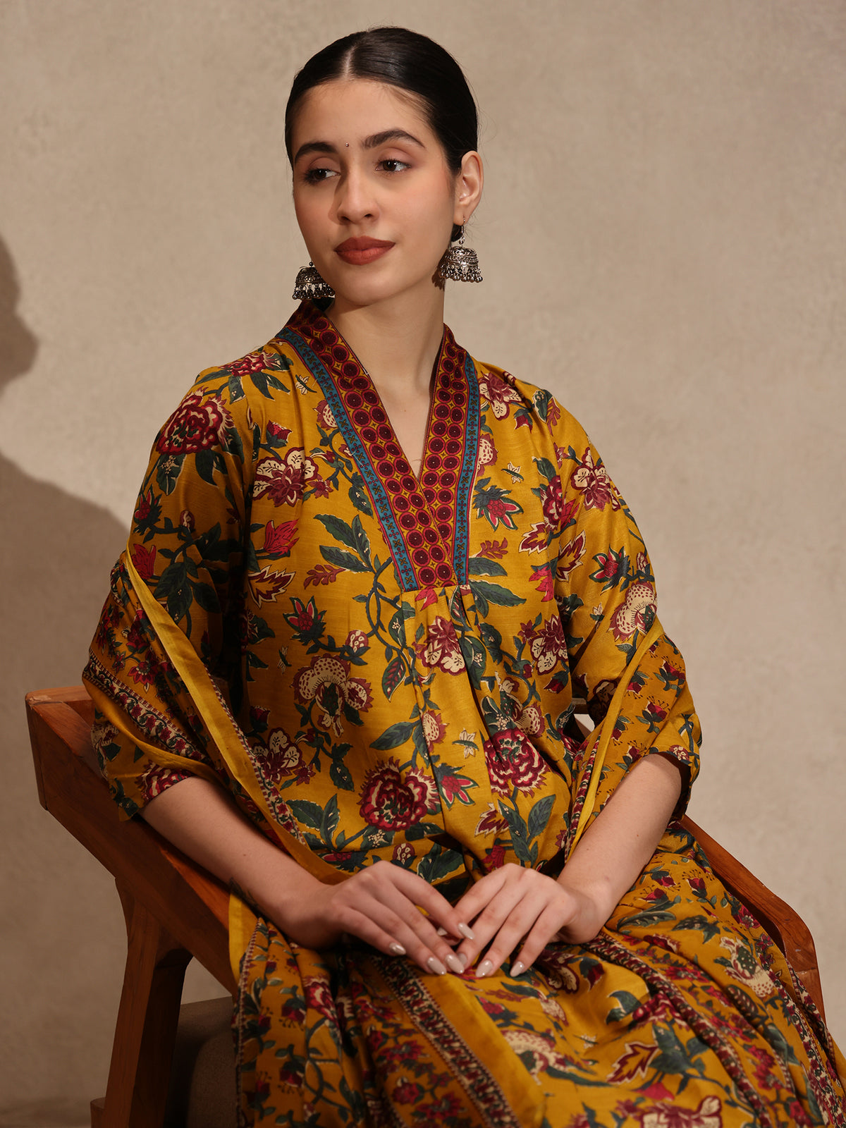 Yellow Floral Anarkali 3 Piece Set with Palazzo