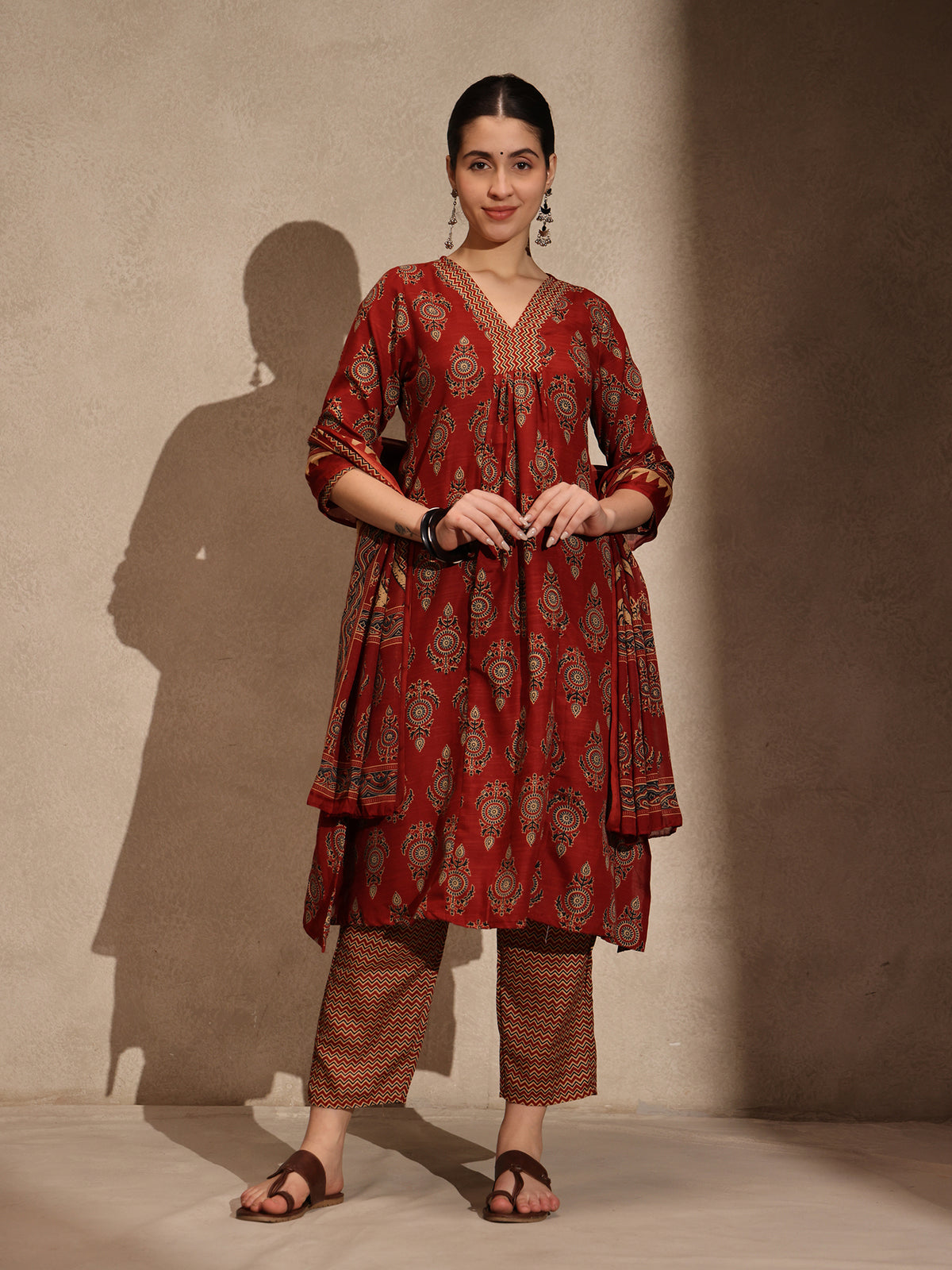Maroon Floral Anarkali 3 Piece Set with Pant