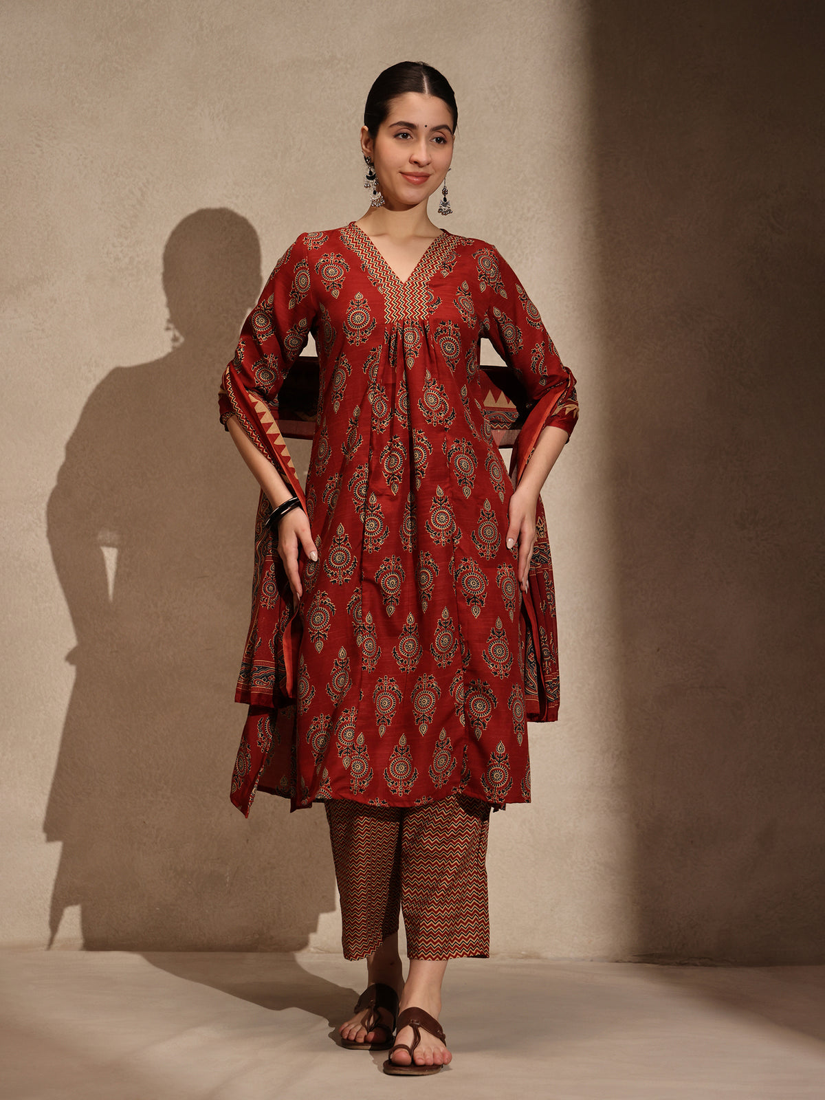 Maroon Floral Anarkali 3 Piece Set with Pant