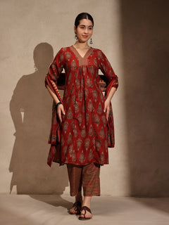 Maroon Floral Anarkali 3 Piece Set with Pant