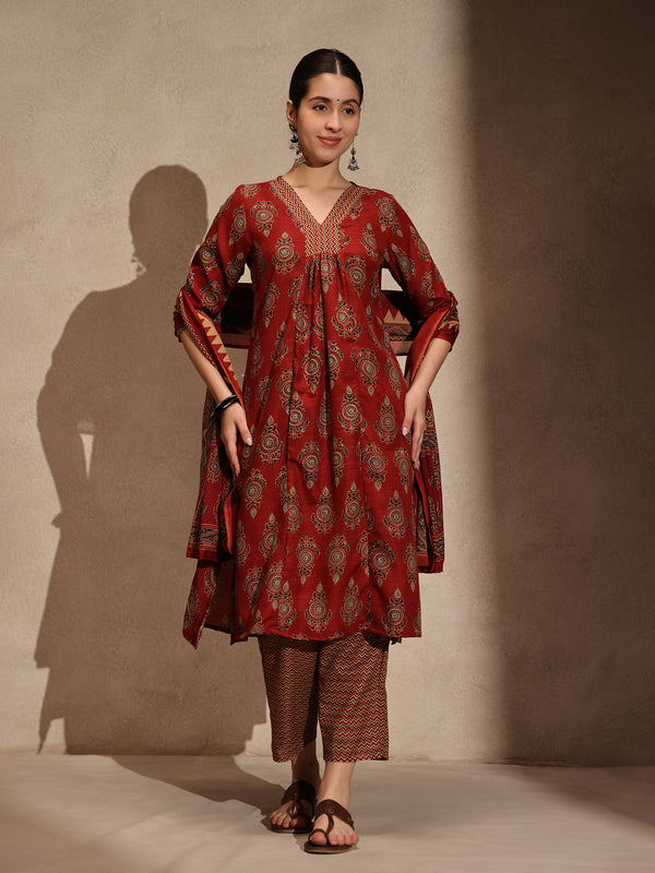 Maroon Floral Anarkali 3 Piece Set with Pant