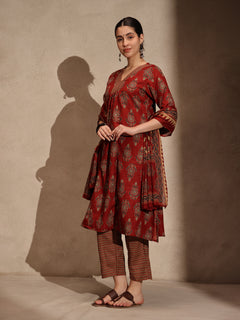 Maroon Floral Anarkali 3 Piece Set with Pant