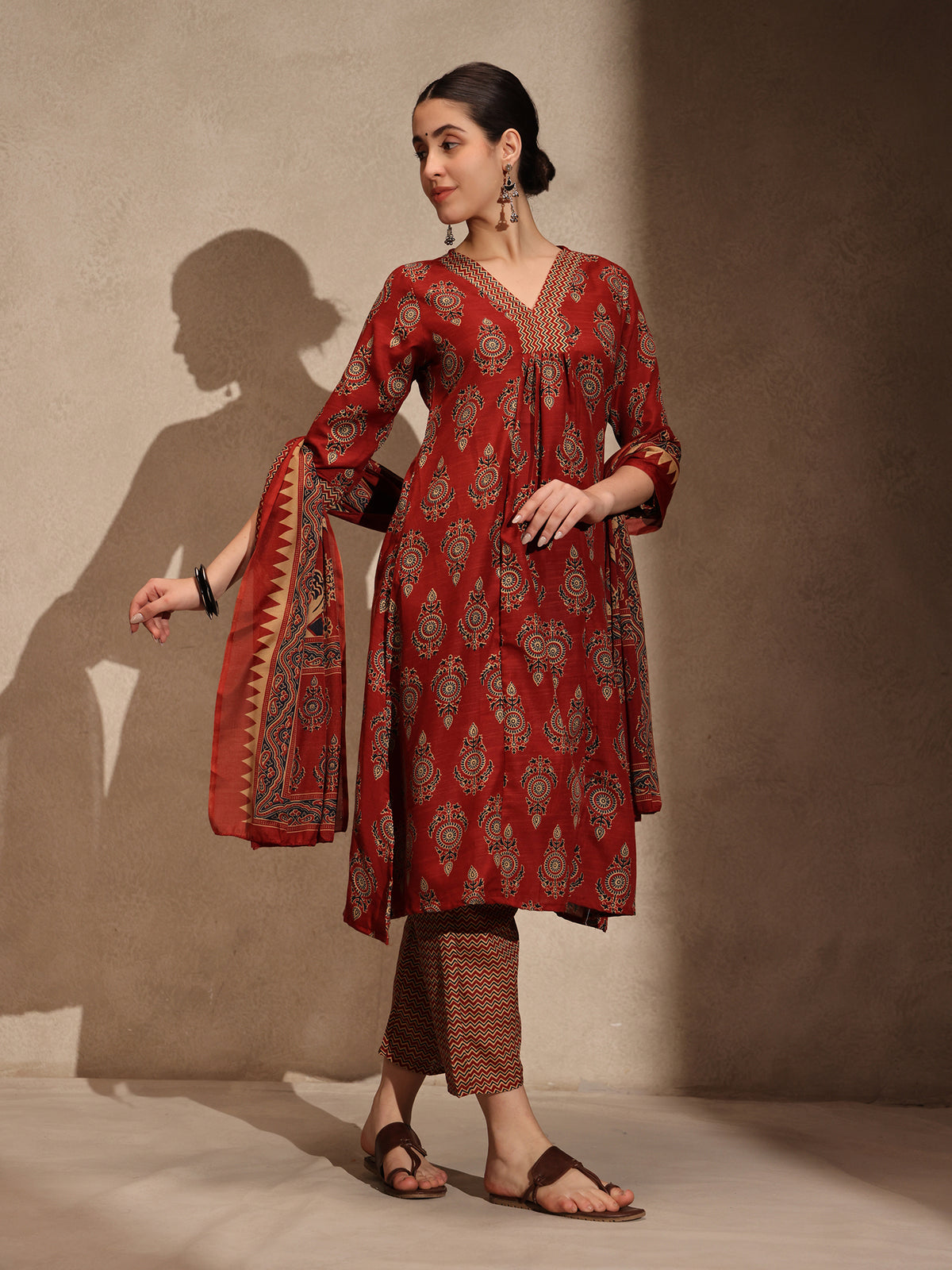 Maroon Floral Anarkali 3 Piece Set with Pant