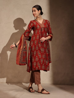 Maroon Floral Anarkali 3 Piece Set with Pant