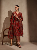 Maroon Floral Anarkali 3 Piece Set with Pant