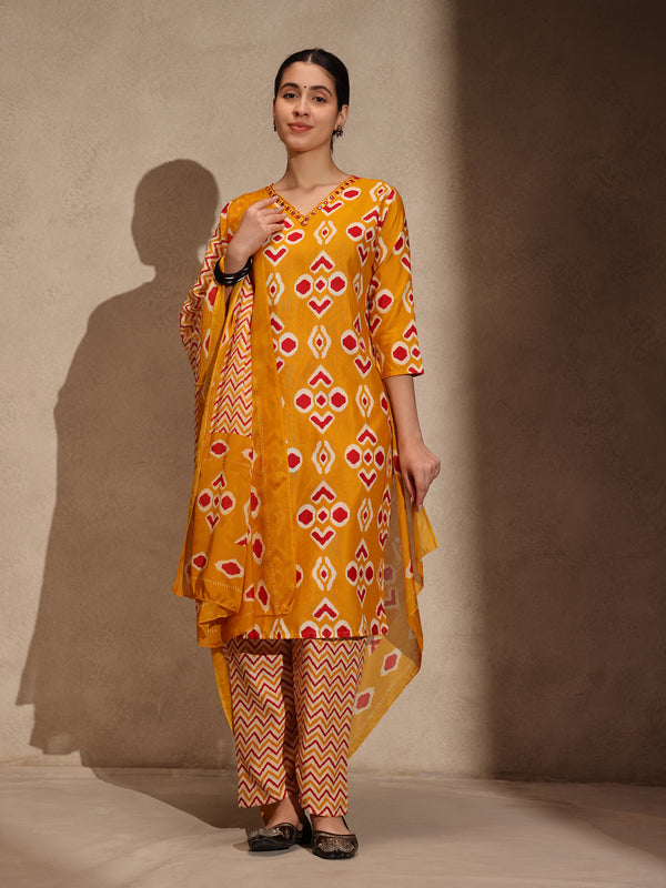Yellow Floral 3 Piece Cotton Blend Kurti Set