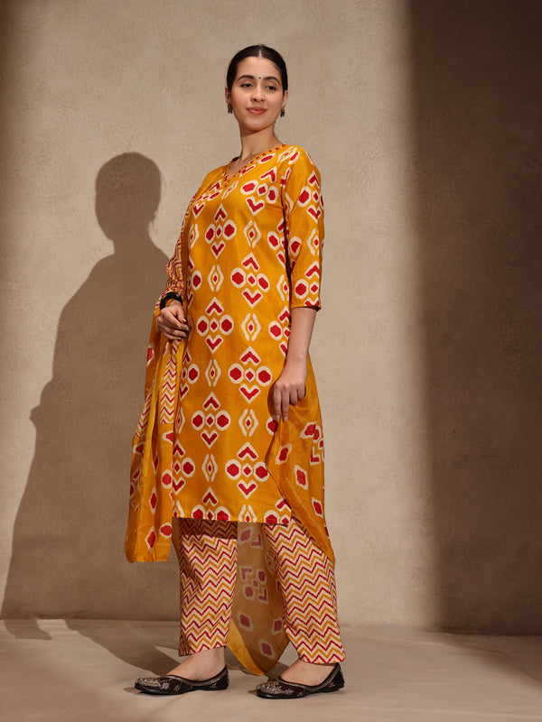 Yellow Floral 3 Piece Cotton Blend Kurti Set