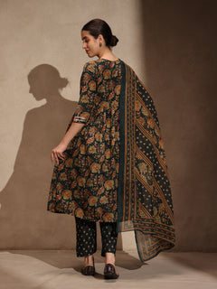 Green Floral Anarkali 3 Piece Set with Pant for Women