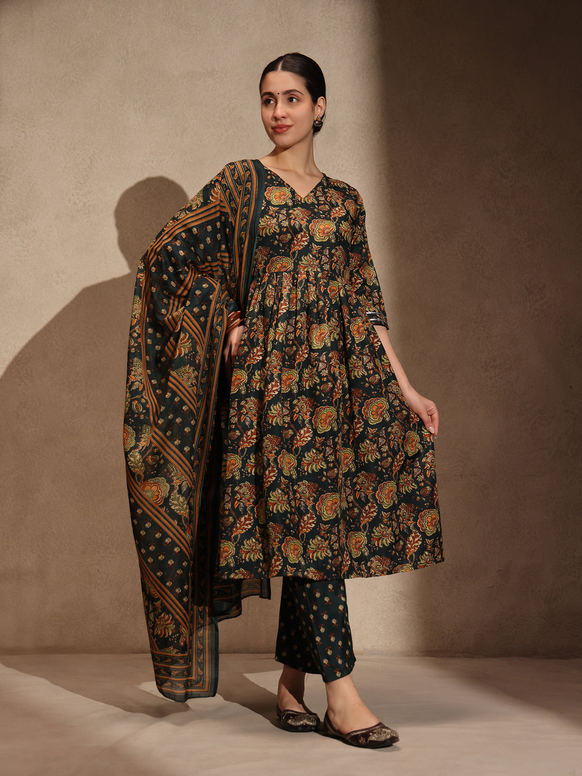 Green Floral Anarkali 3 Piece Set with Pant for Women