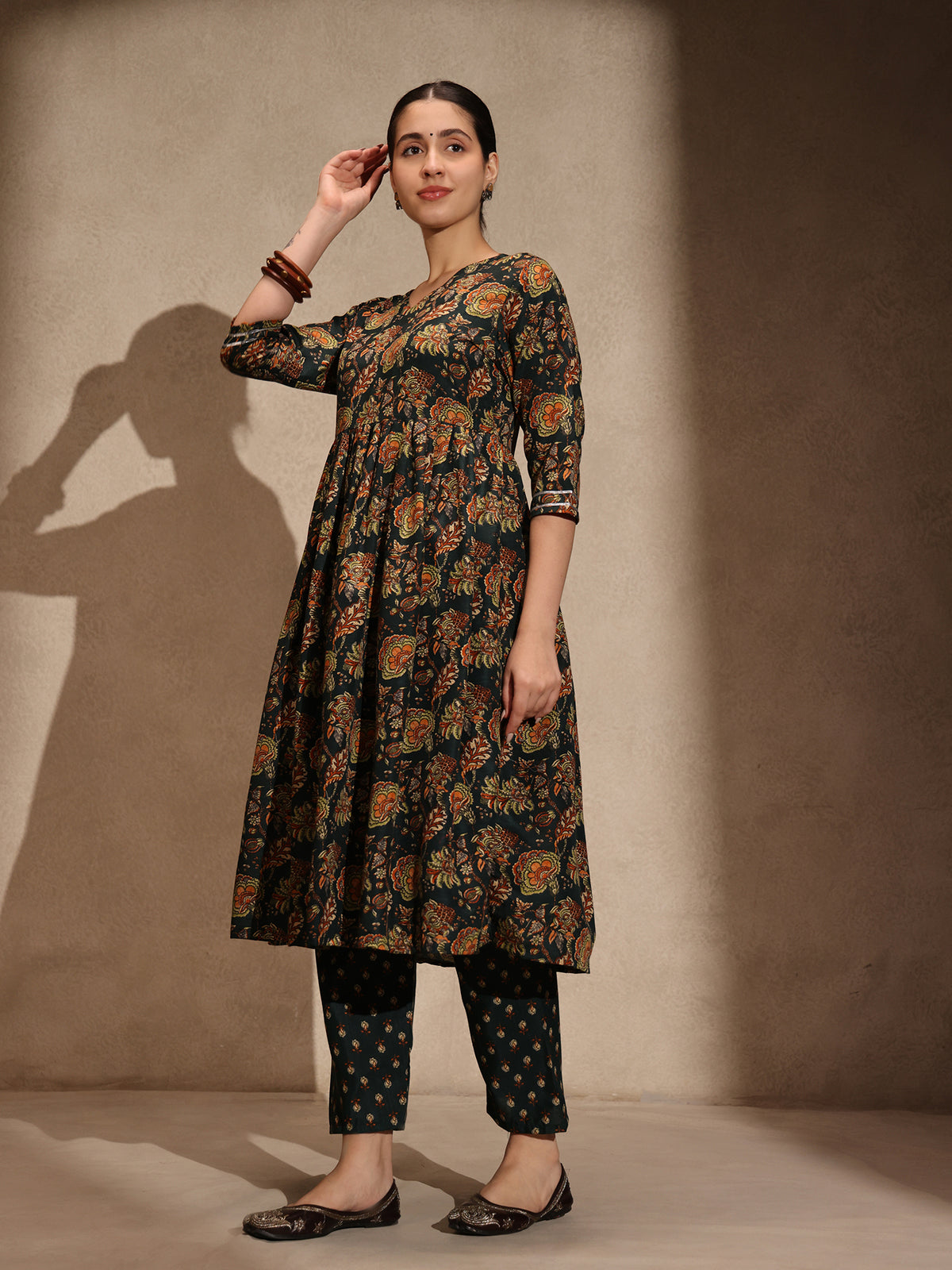 Green Floral Anarkali 3 Piece Set with Pant for Women