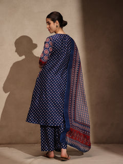 Blue Ajrakh Anarkali 3 Piece Set with Pant for Women