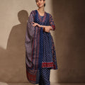 Blue Ajrakh Anarkali 3 Piece Set with Pant for Women