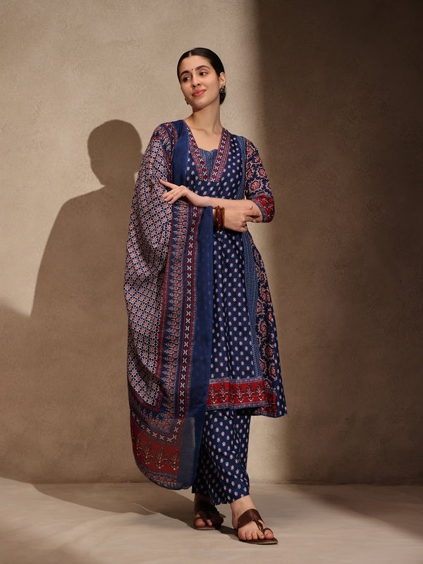 Blue Ajrakh Anarkali 3 Piece Set with Pant for Women