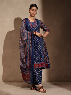 Blue Ajrakh Anarkali 3 Piece Set with Pant for Women