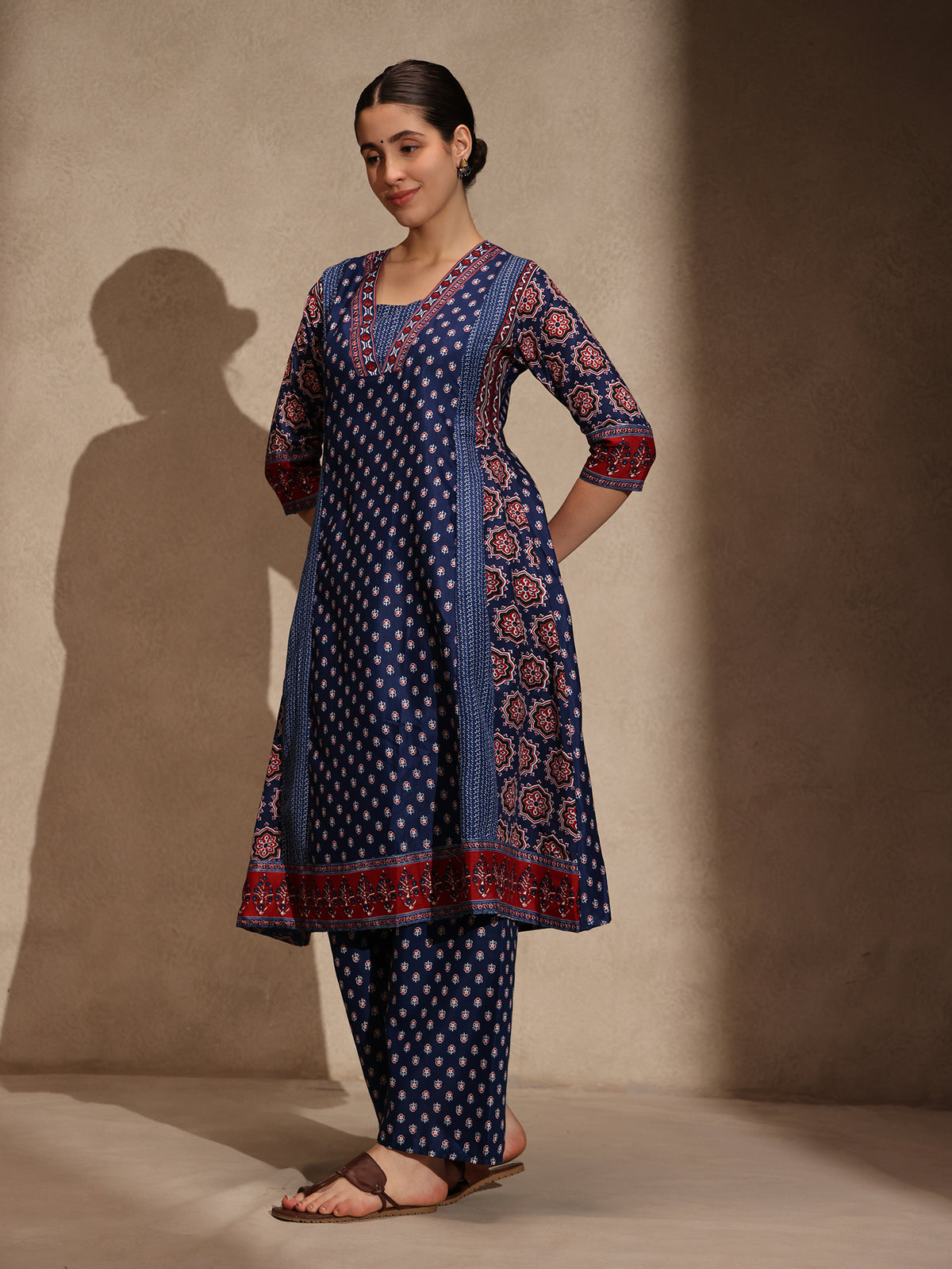 Blue Ajrakh Anarkali 3 Piece Set with Pant for Women