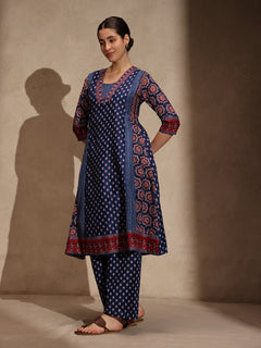 Blue Ajrakh Anarkali 3 Piece Set with Pant for Women