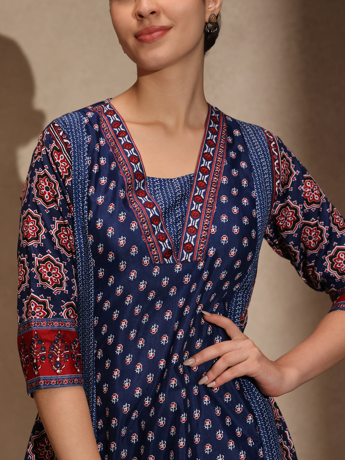 Blue Ajrakh Anarkali 3 Piece Set with Pant for Women
