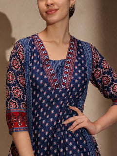 Blue Ajrakh Anarkali 3 Piece Set with Pant for Women