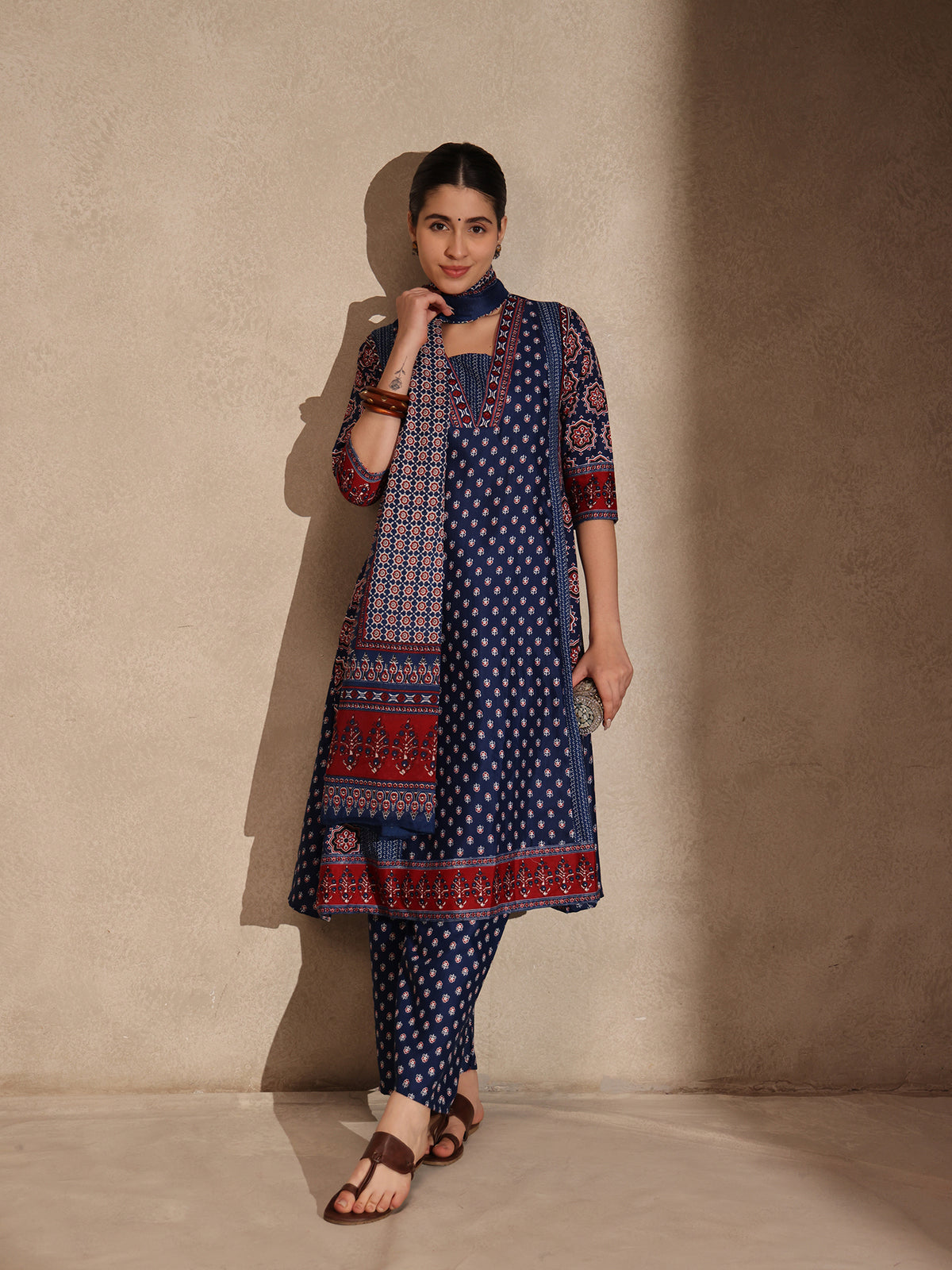 Blue Ajrakh Anarkali 3 Piece Set with Pant for Women
