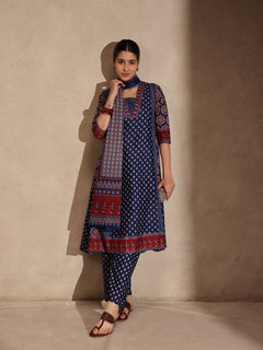 Blue Ajrakh Anarkali 3 Piece Set with Pant for Women