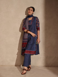 Blue Ajrakh Anarkali 3 Piece Set with Pant for Women