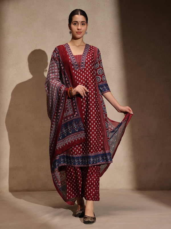 Red Ajrakh Anarkali 3 Piece Set with Pant
