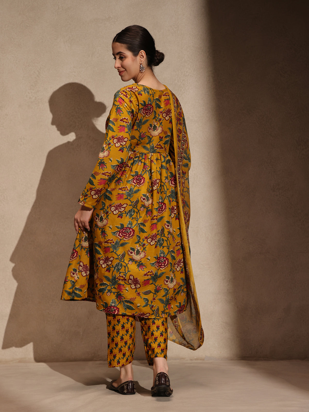 Yellow Floral Cotton Blend 3 Piece Anarkali Set