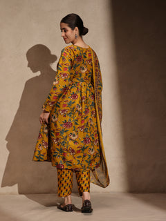 Yellow Floral Cotton Blend 3 Piece Anarkali Set
